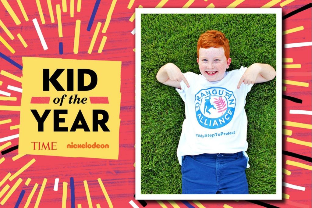 On left: text on post-it in front of confetti background that says "KID OF THE YEAR. TIME. NICKELODEON" On right: boy lying down on grass pointing to his white shirt with text "Orangutan Alliance"