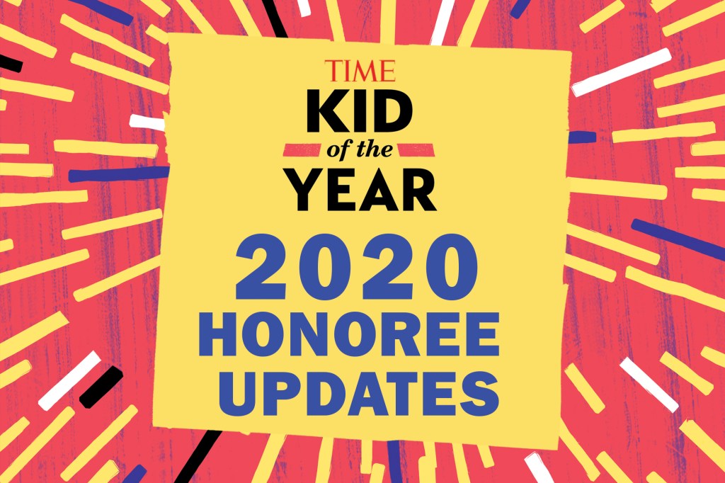 text on post-it in front of confetti background that says "TIME KID OF THE YEAR 2020 HONOREE UPDATES"