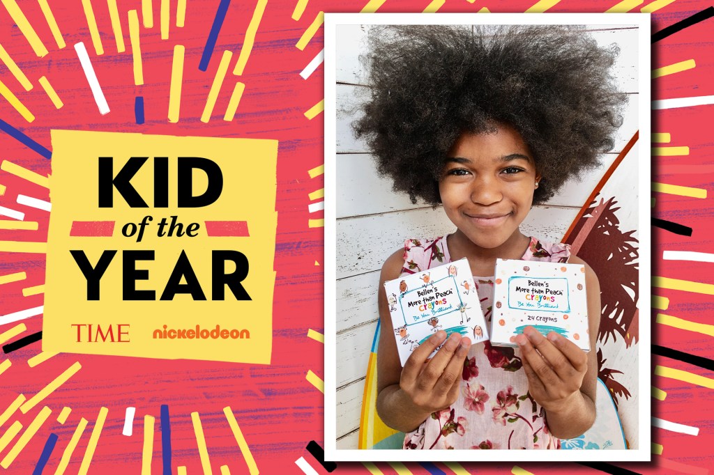 On left: text on post-it in front of confetti background that says "KID OF THE YEAR. TIME. NICKELODEON" On right: girl holding a pack of crayons on both hands