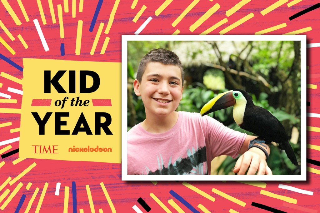 On left: text on post-it in front of confetti background that says "KID OF THE YEAR. TIME. NICKELODEON" On right: boy with pink shirt with a toucan bird on his left arm