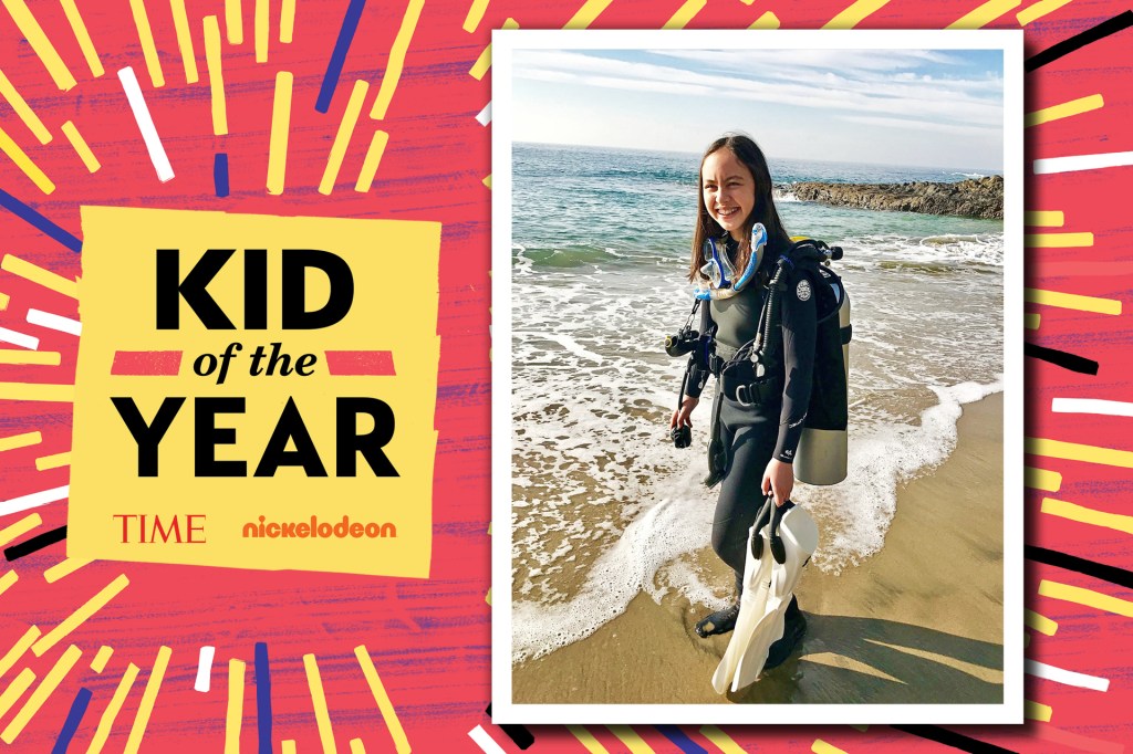 On left: text on post-it in front of confetti background that says "KID OF THE YEAR. TIME. NICKELODEON" On right: girl wearing scuba gear standng next to a beach shore