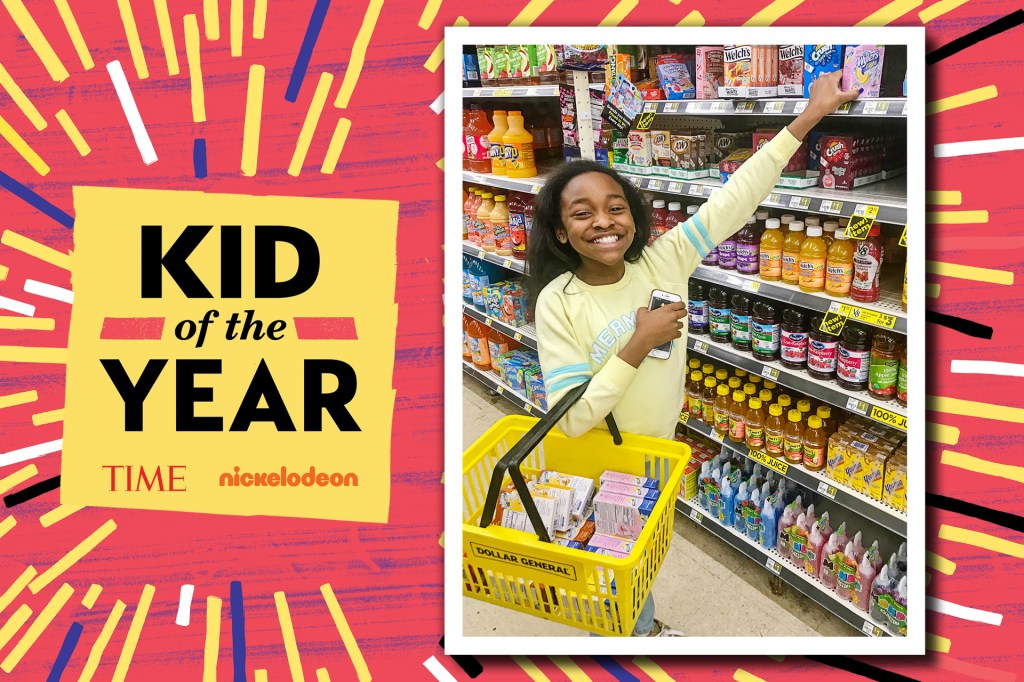 On left: text on post-it in front of confetti background that says "KID OF THE YEAR. TIME. NICKELODEON" On right: girl in front of shelf of food holding yellow grocery basket and reaching for a box.